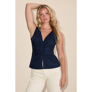 Lulus Ruelle Navy Ruched V-neck Sleeveless Top Blue - Size S